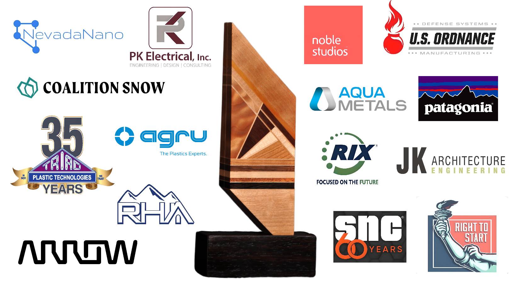 Featured image showing the winning company logos placed around the EIA handcrafted wood award.