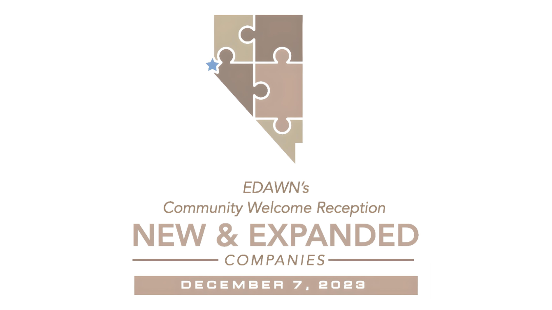 Featured image showing EDAWN's New and Expanded Companies event logo for 2023. State of Nevada parsed out with puzzle pieces and a star marking Reno, Nevada.